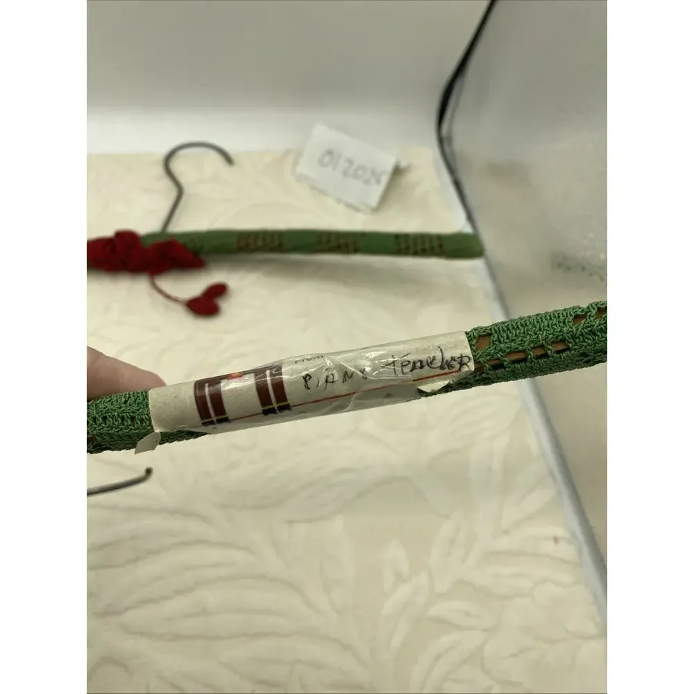 Antique Handmade set of 2-crochet Green Lace W/Red Roses Covered Wood Hangers
